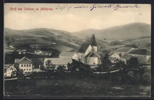 AK Schönau im Mühlkreis, Gesamtansicht mit Strasse und Landstrasse aus der Vogelschau
