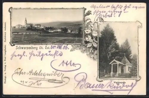 AK Schwarzenberg /O.-Ö., Waldkapelle, Ortsansicht mit Feldern u. Landstrasse, Rahmen, Rosen