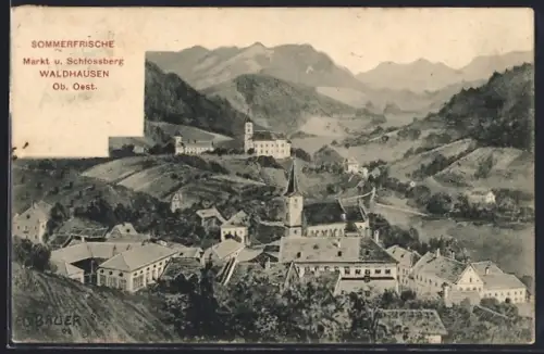 AK Waldhausen /Ob. Oest., Markt und Schlossberg, Teilansicht mit Kirche