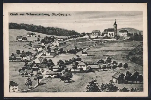 AK Schwarzenberg /O.-Ö., Gesamtansicht mit Strassen u. Kirche aus der Vogelschau