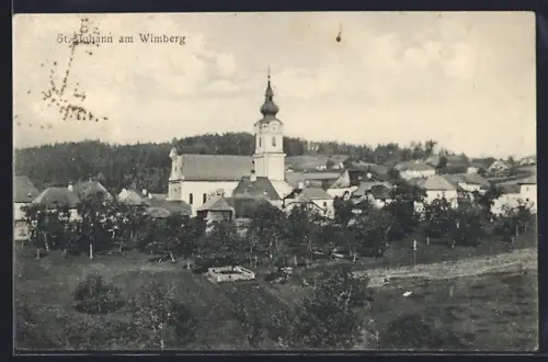 AK St. Johann am Wimberg, Ortsansicht mit Kirche vom Ortsrand aus