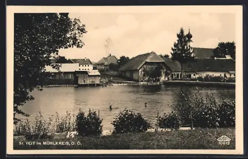AK St. Veit im Mühlkreis, Badeanstalt mit Schwimmern, Panorama vom Wasser aus