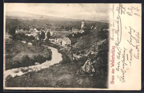 AK Weikertschlag, Ortsansicht mit Flusspartie und Fernblick aus der Vogelschau