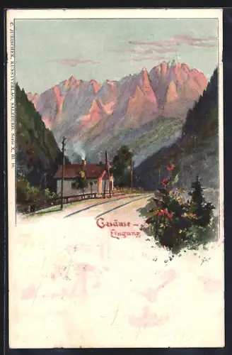 Künstler-AK Gesäuse, Wohnhaus mit Bergpanorama