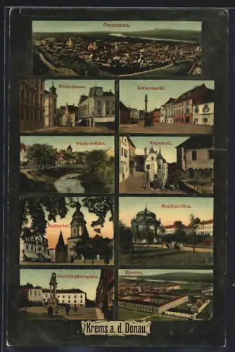 AK Krems a. d. Donau, Dinstelstrasse, Musikpavillon, Wegscheid, Körnermarkt