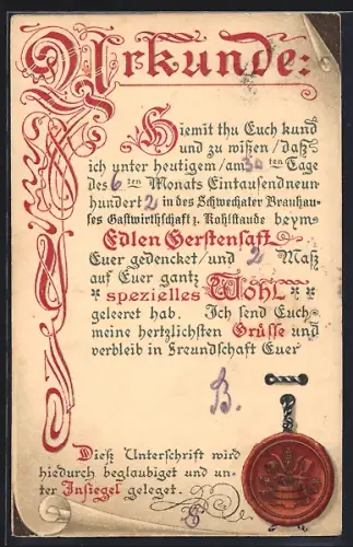 Präge-AK Schwechat, Urkunde mit Siegel