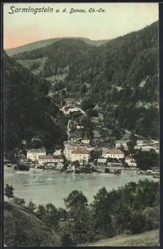 AK Sarmingstein a. d. Donau, Ortsansicht mit Talblick