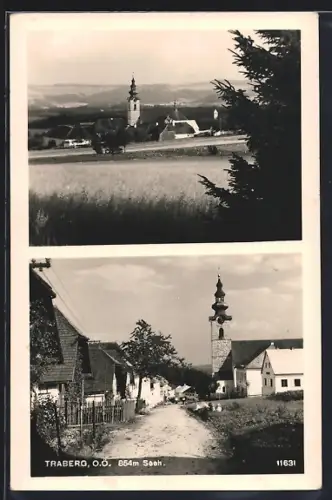 AK Traberg /O. Ö., Strassenpartie im Ort, Blick auf die Kirche