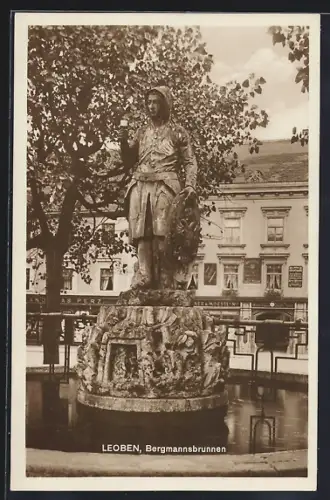 AK Leoben, Bergmannsbrunnen mit Gasthaus Stadt Wien