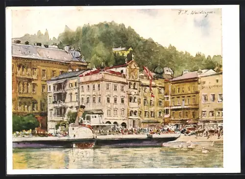 Künstler-AK Gmunden, Landungs- und Rathausplatz mit Dampfschiff