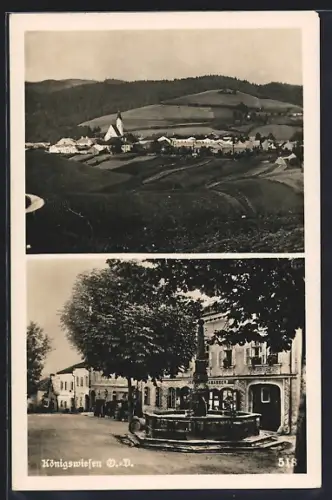 AK Königswiesen /O.-D., Ortsansicht, Brunnen am Marktplatz