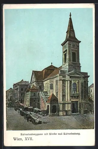 AK Wien, Kalvarienberggasse mit Kirche u. Kalvarienberg, Marktstände