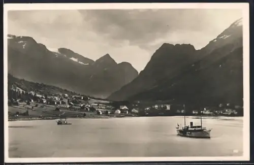 AK Olden, Panorama mit Passagierdampfer