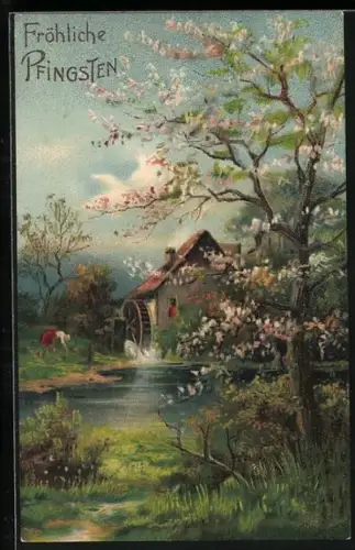 Präge-AK Blühender Baum vor einer Mühle, Fröhliche Pfingsten