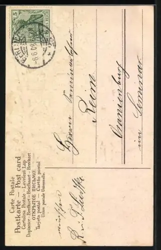 Präge-AK Blühender Baum vor einer Mühle, Fröhliche Pfingsten