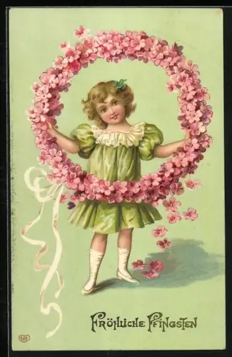 AK Mädchen mit einem Kranz aus rosanen Blumen, Fröhliche Pfingsten
