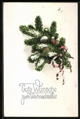 AK Tannenzweig mit Schleife und Schnee, Weihnachten