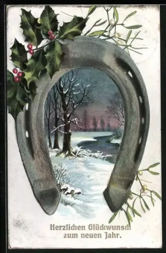 AK Blick in die Winterlandschaft durch ein Hufeisen, Neujahr