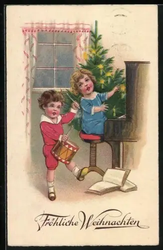 AK Zwei Kinder musizieren vor einem Weihnachtsbaum, Fröhliche Weihnachten
