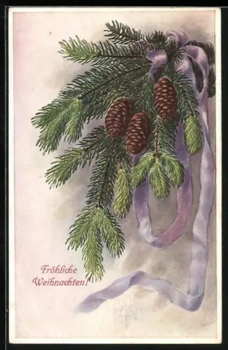 AK Tannenzweig mit lilaner Schleife, Fröhliche Weihnachten