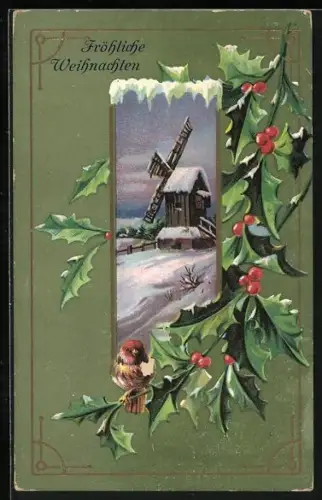 Präge-AK Winterlandschaft mit einem Stechpalmenzweig, Fröhliche Weihnachten