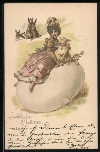 AK Osterhasen erblicken Dame mit Lämmchen, Fröhliche Ostern
