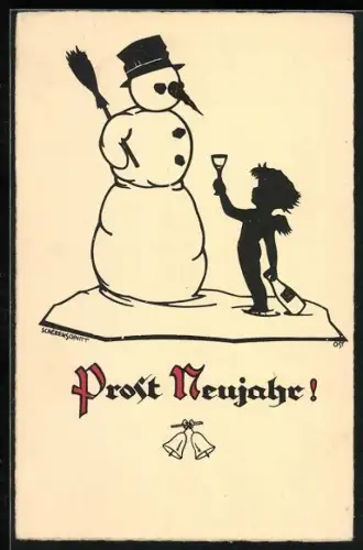 AK Neujahrsengel stösst mit einem Schneemann an, Prosit Neujahr