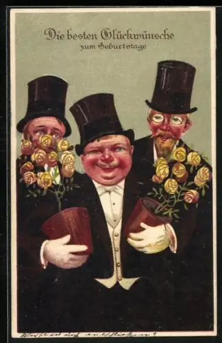 AK Drei Männer mit gelben Rosen gratulieren zum Geburtstag