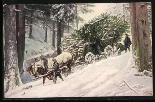 Künstler-AK Ludwig Fromme: Junge Tannen, Holztransport im Winterwald