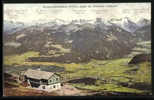 AK Brunecker-Haus / Kronplatzschutzhaus, Gesamtansicht mit Zillertaler Gletscher