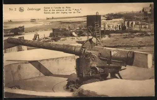 AK Zeebrugge, Canon à l`entrée du Mole, Geschütz, 1. Weltkrieg