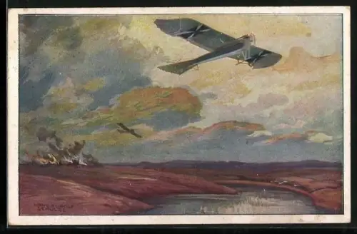 Künstler-AK Hans Rudolf Schulze: MIlitärtaube auf Erkundungsflug bei den Masurischen Seen