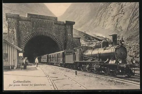 AK Goeschenen, Gotthardbahn, Dampflok am grossen Tunnel
