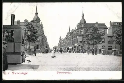 AK `s Gravenhage, Weimarstraat, Strassenpartie mit Bahnübergang