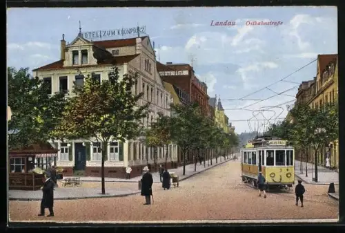 AK Landau, Ostbahnstrasse, Partie mit Strassenbahn