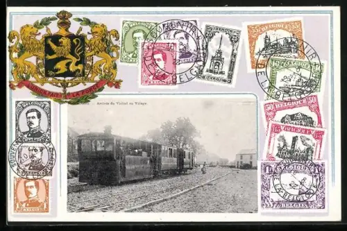 Passepartout-AK Bellefontaine /LX, Arivée du Vicinal su Village, Briefmarken, Wappen