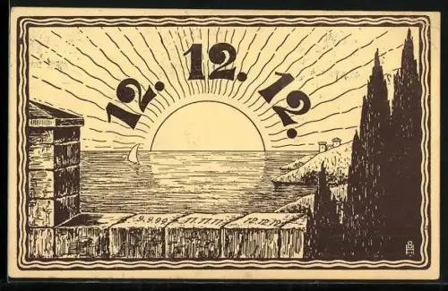 Künstler-AK Datum 12.12.12, Sonnenaufgang über dem Meer