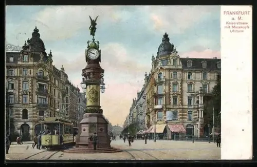 AK Frankfurt, Strassenbahn auf der Kaiserstrasse mit Manskopfs Uhrturm