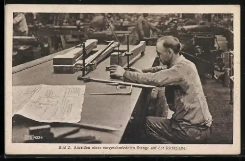 AK Hannover-Linden, HANOMAG, anreissen einer vorgeschmiedeten Stange auf der Richtplatte