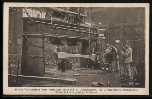 AK Hannover-Linden, Hanomag-Eisenbahn-Werk, Vorschmieden einer Lokomotivtreibstange unter dem Dampfhammer