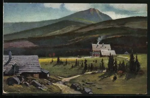 Künstler-AK Carl Ernst Morgenstern: Schlingelbaude mit Schneekoppe