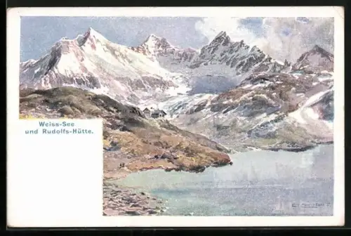 Künstler-Lithographie Edward Theodore Compton: Weiss-See und Rudolfs-Hütte
