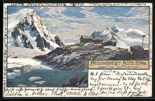 Künstler-AK Zeno Diemer: Braunschweiger Hütte gegen die Wildspitze im Pitzal, Tirol