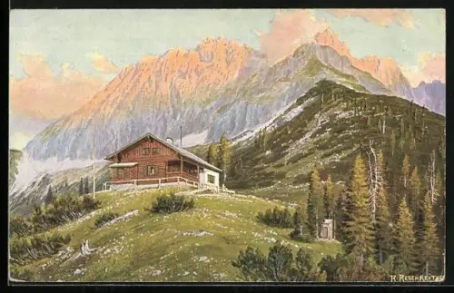 Künstler-AK Rudolf Reschreiter: Hochlandhütte gegen Wörner vor den Alpen