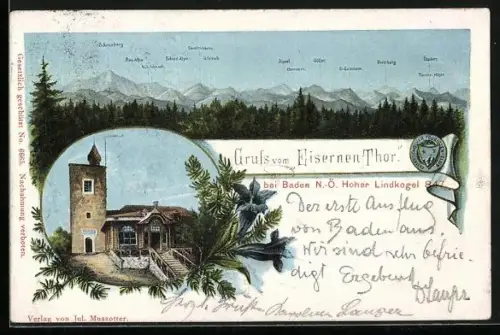 AK Eisernes-Thor Schutzhaus auf dem Hohen Lindkogel bei Baden, Alpen-Panorama