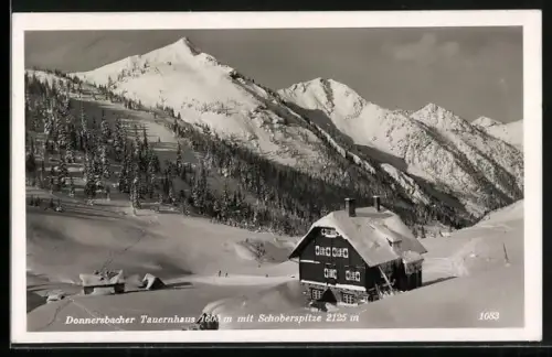 AK Donnersbacher Tauernhaus, Berghütte mit Schoberspitze im Winter