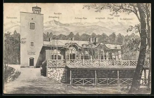 AK Schutzhaus am Hohen Lindkogel, Aussenansicht der Berghütte mit Aussicht auf die Berge