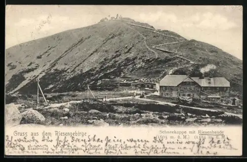 AK Riesenbaude /Riesengebirge, Berghütte mit Schneekoppe