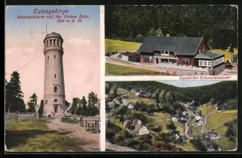 AK Euldörfel-Schwarzwasser, Eulenbaude, Bismarckturm auf der Hohen Eule, Ortsansicht