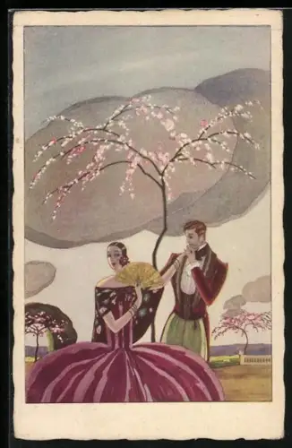 AK Dame im Reifrock mit Fächer empfängt einen Handkuss, Art Deco